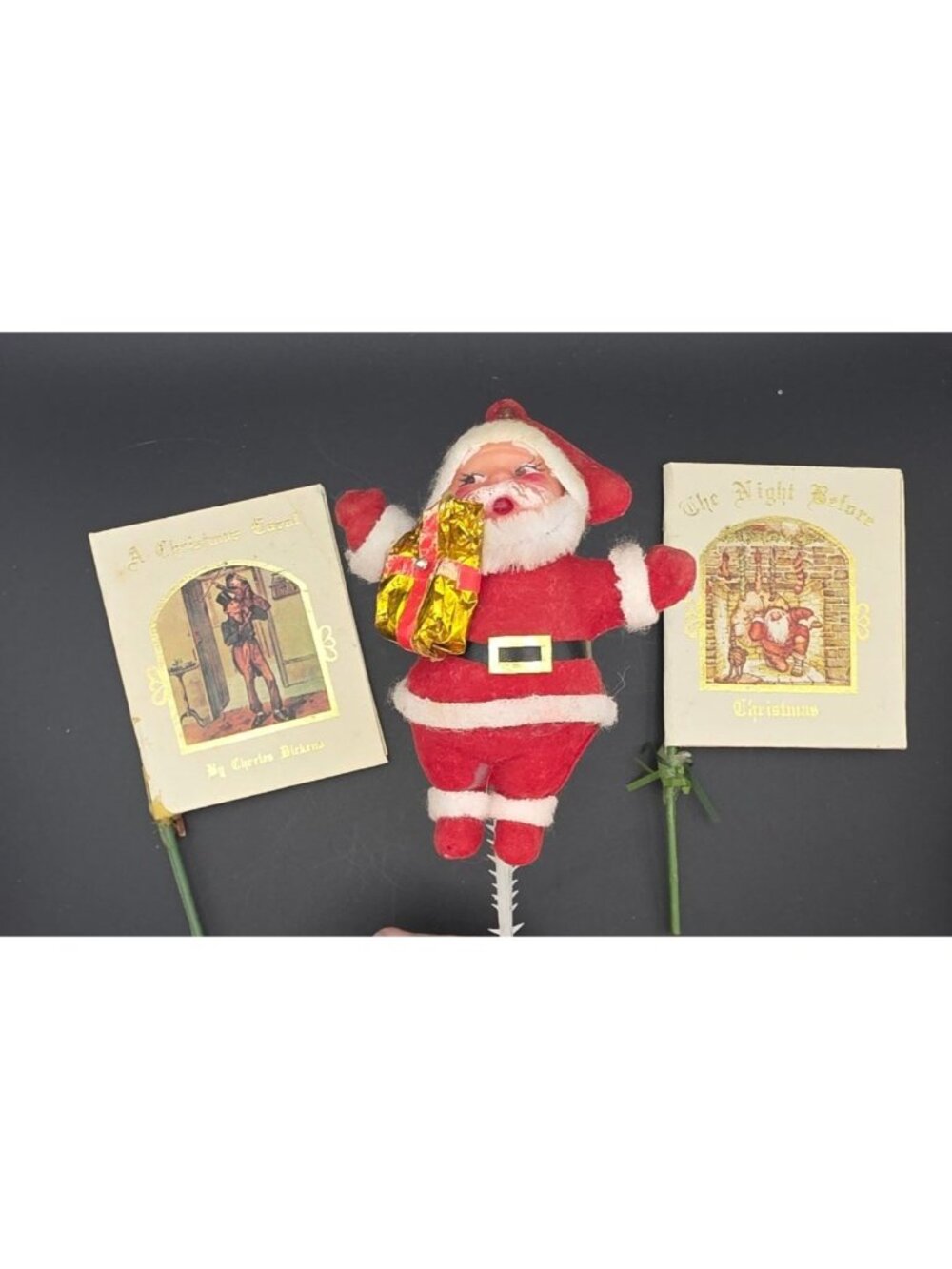 Vintage Miniature Christmas Book Picks & Flocked Santa Pick Craft Decor